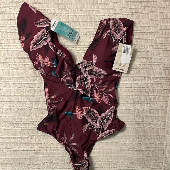 NWT Leonisa Burgundy Floral Deep V Ruffle Shoulder One Piece Swim Suit Sz. Large - Picture 10 of 15